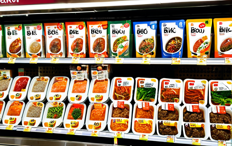 **Prompt:** A vibrant display of Korean ready-meal kits in a bustling Ankara supermarket, showcasing Bulgogi and Bibimbap options with Turkish language labels. Focus on fresh ingredients and appealing packaging.